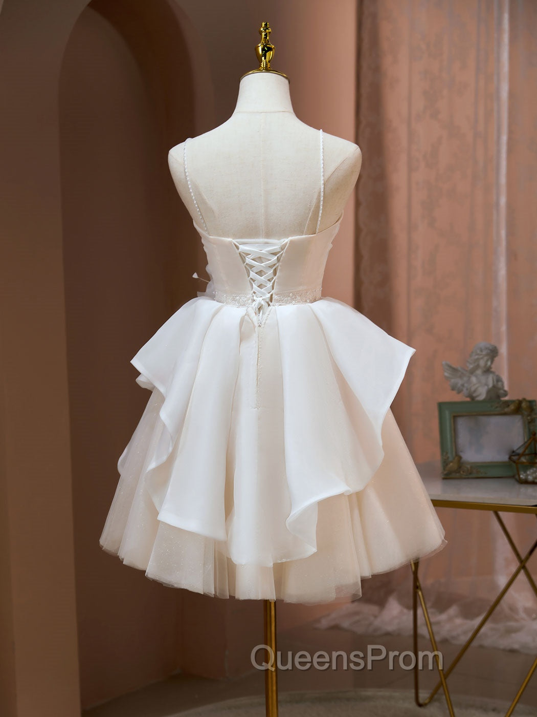 A Line V Neck Champagne Short Evening Prom Dress, Evening Mini Gown Cute Puffy Homecoming Dress Secondary image