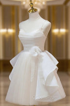 A Line V Neck Champagne Short Evening Prom Dress, Evening Mini Gown Cute Puffy Homecoming Dress