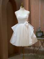 A Line V Neck Champagne Short Evening Prom Dress, Evening Mini Gown Cute Puffy Homecoming Dress