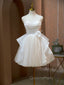 A Line V Neck Champagne Short Evening Prom Dress, Evening Mini Gown Cute Puffy Homecoming Dress
