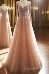 A Line V Neck Champagne Tulle Long Beaded Evening Prom Dress, Champagne Long Formal Evening Dress