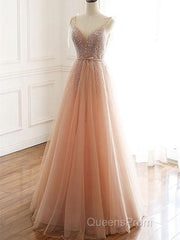 A Line V Neck Champagne Tulle Long Beaded Evening Prom Dress, Champagne Long Formal Evening Dress