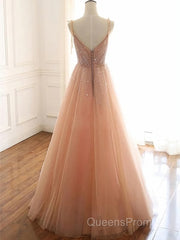A Line V Neck Champagne Tulle Long Beaded Evening Prom Dress, Champagne Long Formal Evening Dress