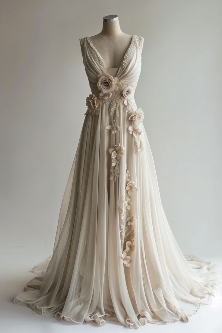 A-Line V-Neck Beaded Chiffon Long Classy Prom Dress, Vintage Applique Wedding Dress