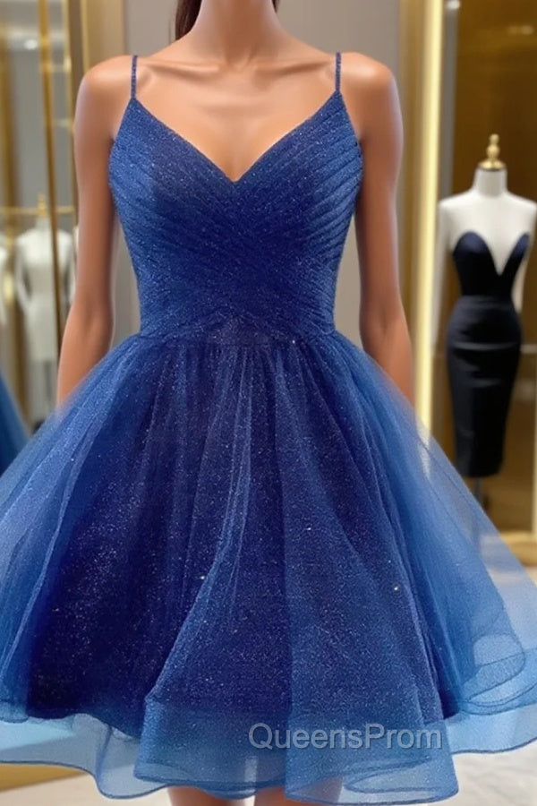 A Line V Neck Dark Blue Short Evening Prom Dress, Short Blue Graduation Homecoming Cocktail Dress Main image