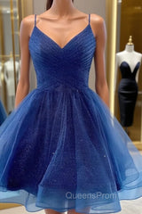 A Line V Neck Dark Blue Short Evening Prom Dress, Short Blue Graduation Homecoming Cocktail Dress