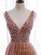 A Line V Neck Dark Pink Beaded Long Evening Prom Dress, V Neck Pink Long Evening Graduation Dress