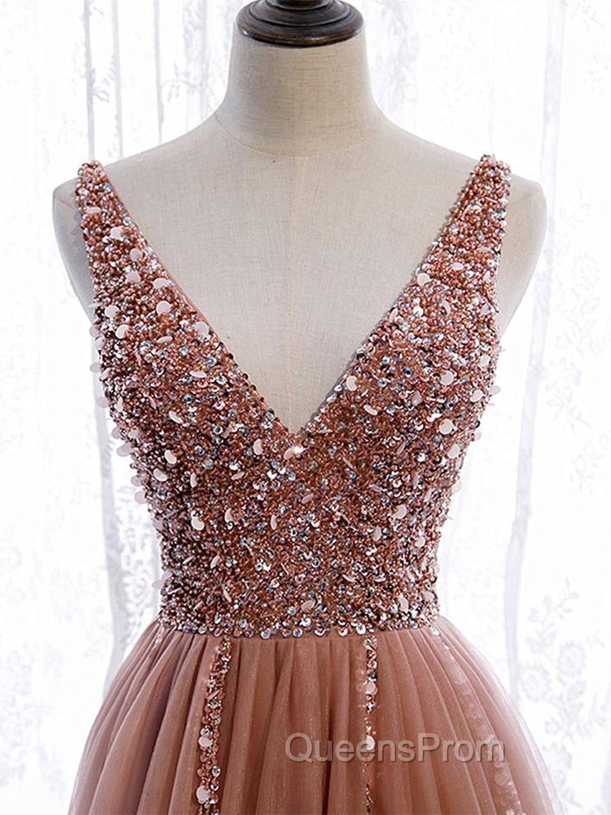 A Line V Neck Dark Pink Beaded Long Evening Prom Dress, V Neck Pink Long Evening Graduation Dress