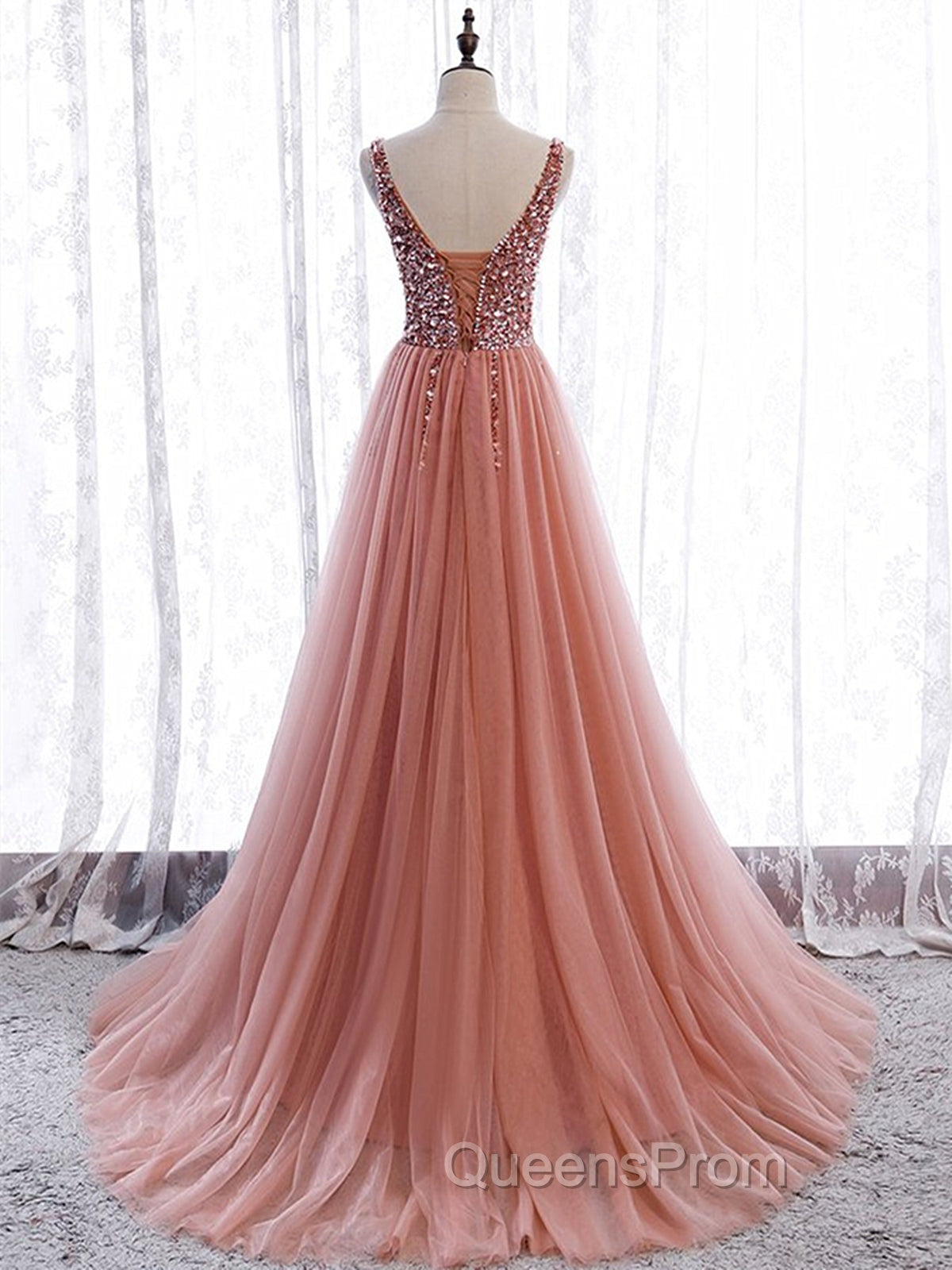 A Line V Neck Dark Pink Beaded Long Evening Prom Dress, V Neck Pink Long Evening Graduation Dress Secondary image