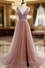 A Line V Neck Dark Pink Beaded Long Evening Prom Dress, V Neck Pink Long Evening Graduation Dress