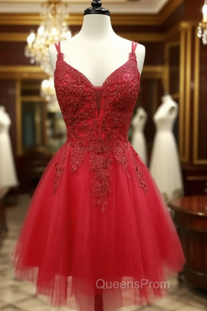 A Line V Neck Dark Red Lace Evening Prom Dress, Dark Red Lace Evening Homecoming Dress Main image