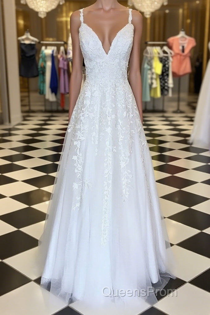 A Line V Neck Floor Length Lace White Long Evening Prom Dress, White Lace Formal Dress, V Neck White Evening Dress
