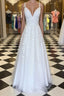 A Line V Neck Floor Length Lace White Long Evening Prom Dress, White Lace Formal Dress, V Neck White Evening Dress