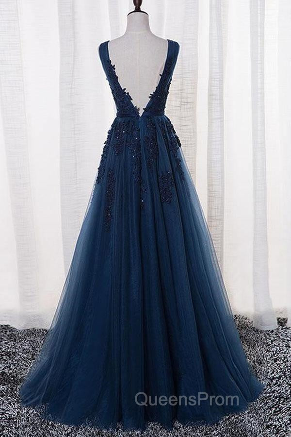 A-Line V-Neck Floor Length Navy Blue Evening Prom Dress With Appliques Secondary image