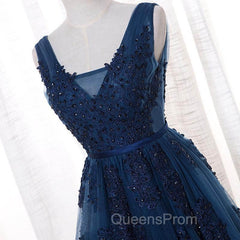 A-Line V-Neck Floor Length Navy Blue Evening Prom Dress With Appliques