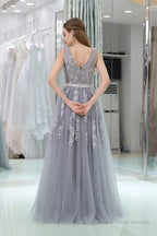 A-Line V-neck Floor-Length Tulle Appliqued Long Prom Dresses