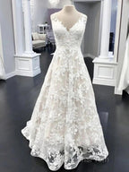 A Line V Neck Floral Lace Long Evening Prom Dress