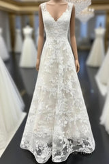 A Line V Neck Floral Lace Long Evening Prom Dress