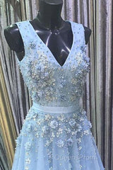A Line V Neck Floral Light Blue Lace Long Evening Prom Dress, Light Blue Lace Formal Graduation Evening Dress