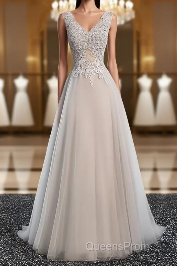 A Line V Neck Gray Floral Long Evening Prom Dress, V Neck Gray Long Floral Formal Bridesmaid Dress Main image