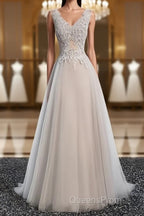 A Line V Neck Gray Floral Long Evening Prom Dress, V Neck Gray Long Floral Formal Bridesmaid Dress