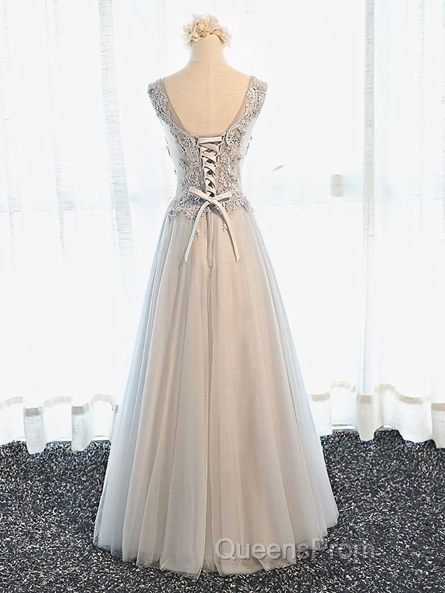 A Line V Neck Gray Floral Long Evening Prom Dress, V Neck Gray Long Floral Formal Bridesmaid Dress Secondary image