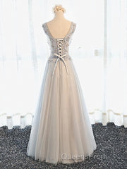 A Line V Neck Gray Floral Long Evening Prom Dress, V Neck Gray Long Floral Formal Bridesmaid Dress