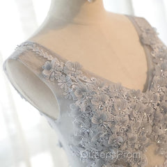 A Line V Neck Gray Floral Long Evening Prom Dress, V Neck Gray Long Floral Formal Bridesmaid Dress