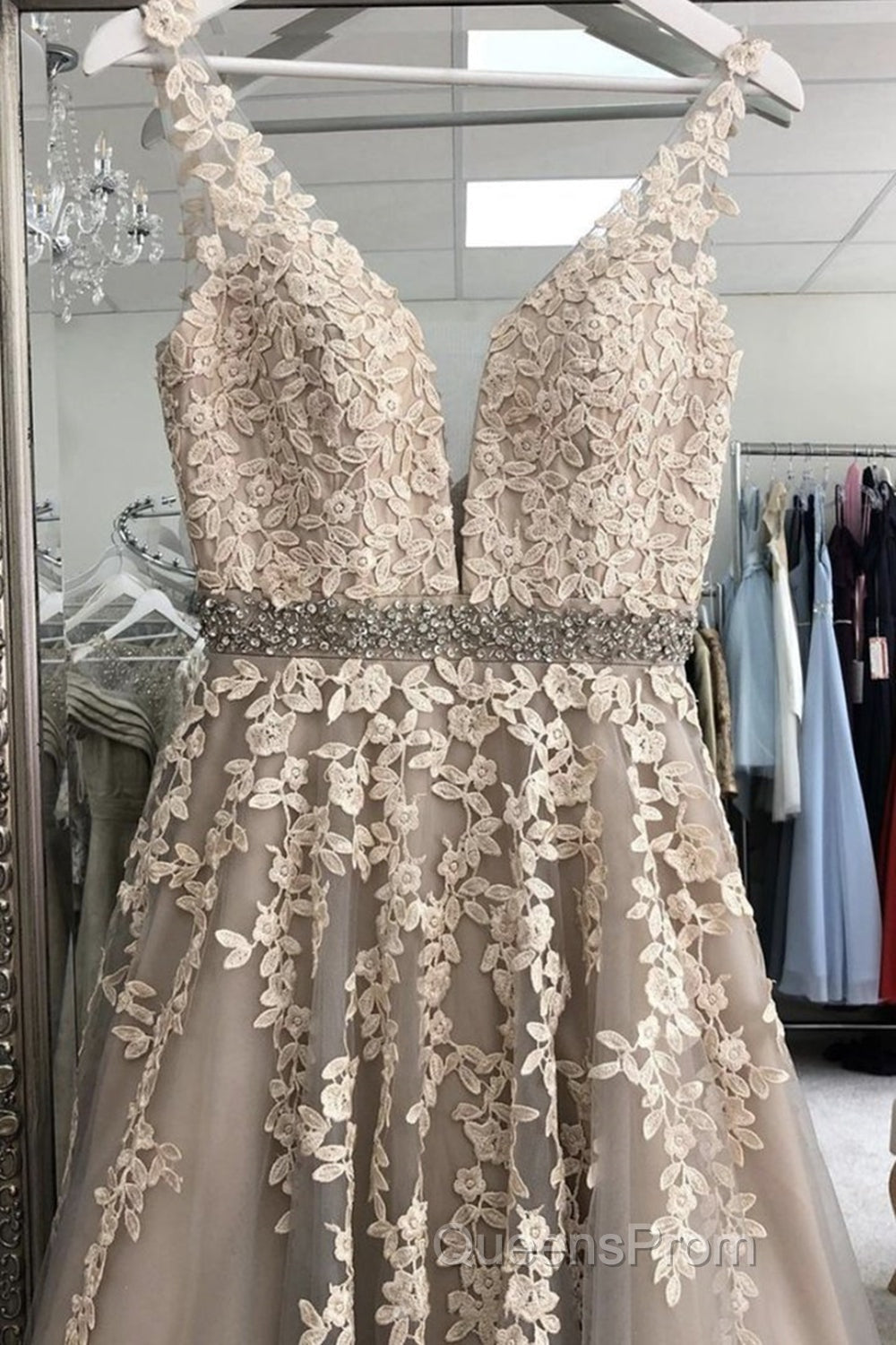 A Line V Neck Gray Lace Long Evening Prom Dress with Belt, Gray Lace Floral Formal Dress, Gray Lace Evening Dress Secondary image