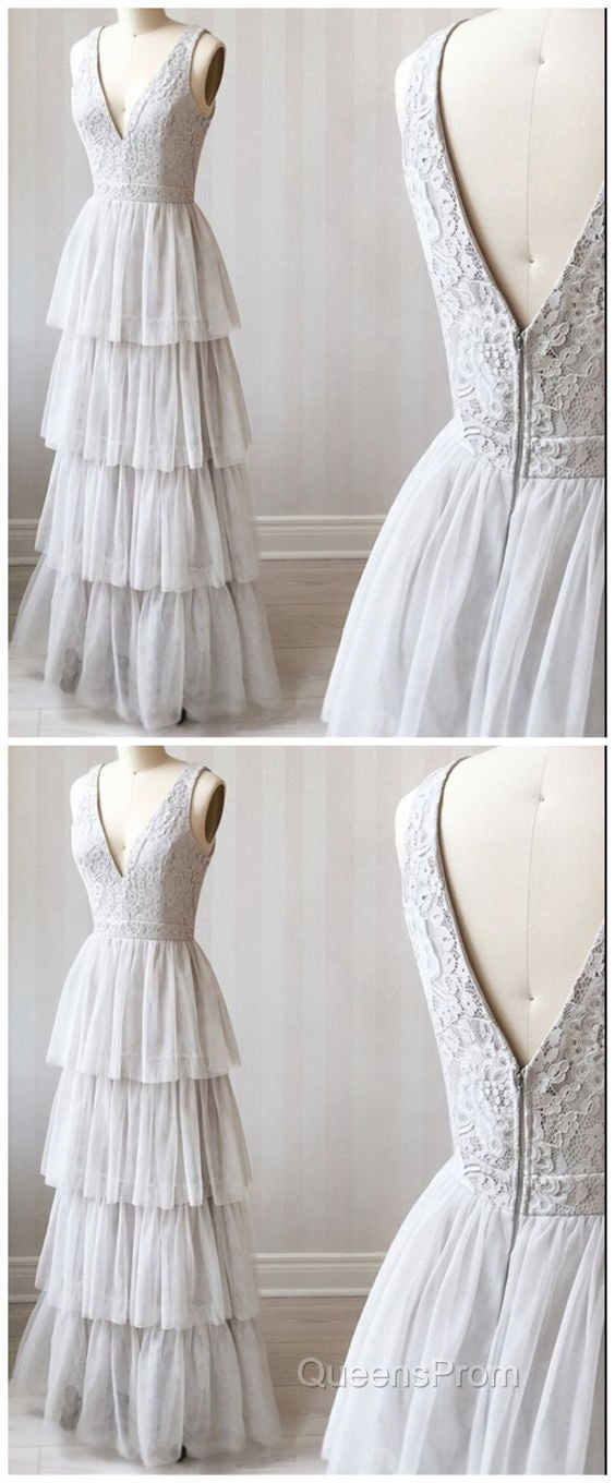 A Line V Neck Gray Lace Evening Prom Dress, V Neck Gray Lace Formal Graduation Bridesmaid Dress Secondary image
