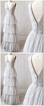 A Line V Neck Gray Lace Evening Prom Dress, V Neck Gray Lace Formal Graduation Bridesmaid Dress