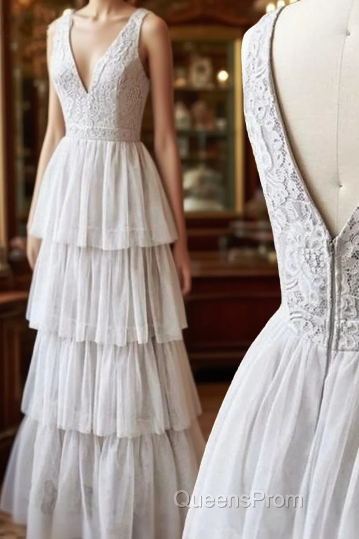 A Line V Neck Gray Lace Evening Prom Dress, V Neck Gray Lace Formal Graduation Bridesmaid Dress Main image