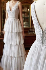 A Line V Neck Gray Lace Evening Prom Dress, V Neck Gray Lace Formal Graduation Bridesmaid Dress