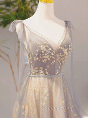 A-Line V Neck Gray Long Evening Prom Dress, Tulle Sequin Lace Long Forma Dress