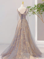 A-Line V Neck Gray Long Evening Prom Dress, Tulle Sequin Lace Long Forma Dress