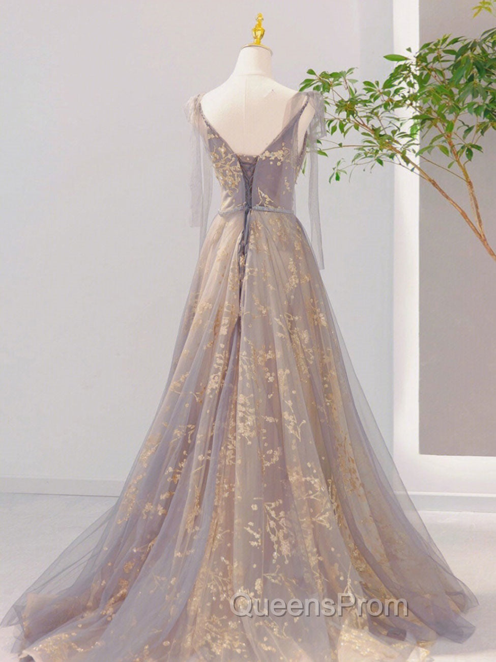 A-Line V Neck Gray Long Evening Prom Dress, Tulle Sequin Lace Long Forma Dress