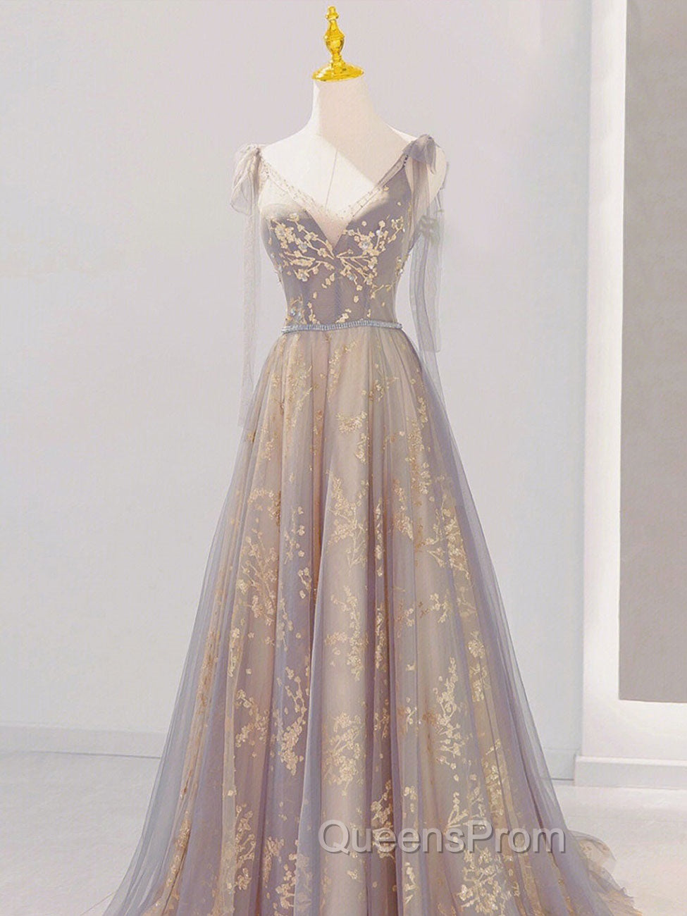 A-Line V Neck Gray Long Evening Prom Dress, Tulle Sequin Lace Long Forma Dress