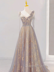 A-Line V Neck Gray Long Evening Prom Dress, Tulle Sequin Lace Long Forma Dress