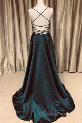 A Line V Neck Green/Blue Backless Long Evening Prom Dress, V Neck Backless Green/Blue Formal Graduation Evening Dress