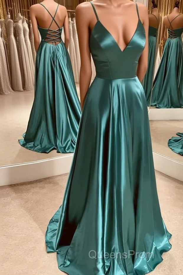 A Line V Neck Green Satin Long Evening Prom Dress, Backless Green Long Formal Evening Dress Main image