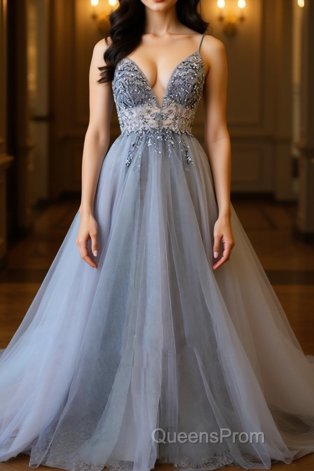 A Line V Neck Grey Beaded Long Evening Prom Dress with Split, Grey Beaded Formal Graduation Evening Dress Main image