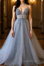 A Line V Neck Grey Beaded Long Evening Prom Dress with Split, Grey Beaded Formal Graduation Evening Dress
