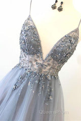 A Line V Neck Grey Beaded Long Evening Prom Dress with Split, Grey Beaded Formal Graduation Evening Dress