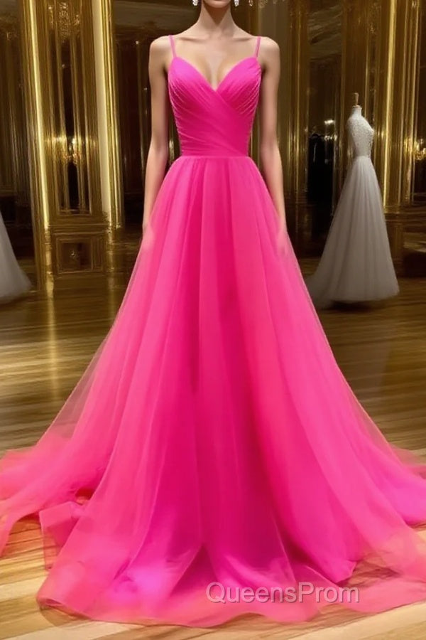 A Line V Neck Hot Pink Long Evening Prom Dress, V Neck Hot Pink Long Formal Evening Dress Main image
