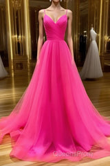 A Line V Neck Hot Pink Long Evening Prom Dress, V Neck Hot Pink Long Formal Evening Dress