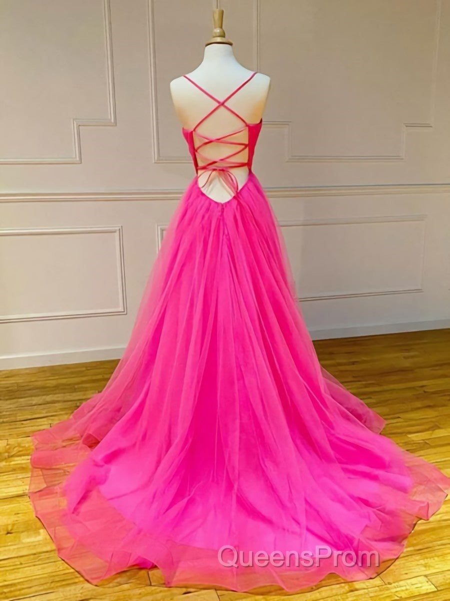 A Line V Neck Hot Pink Long Evening Prom Dress, V Neck Hot Pink Long Formal Evening Dress Secondary image