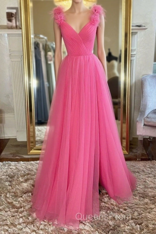A Line V Neck Hot Pink Tulle Long Evening Prom Dress with Slit, Hot Pink Formal Graduation Evening Dress Main image