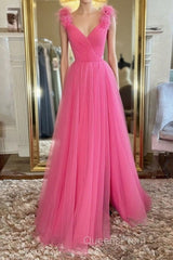 A Line V Neck Hot Pink Tulle Long Evening Prom Dress with Slit, Hot Pink Formal Graduation Evening Dress