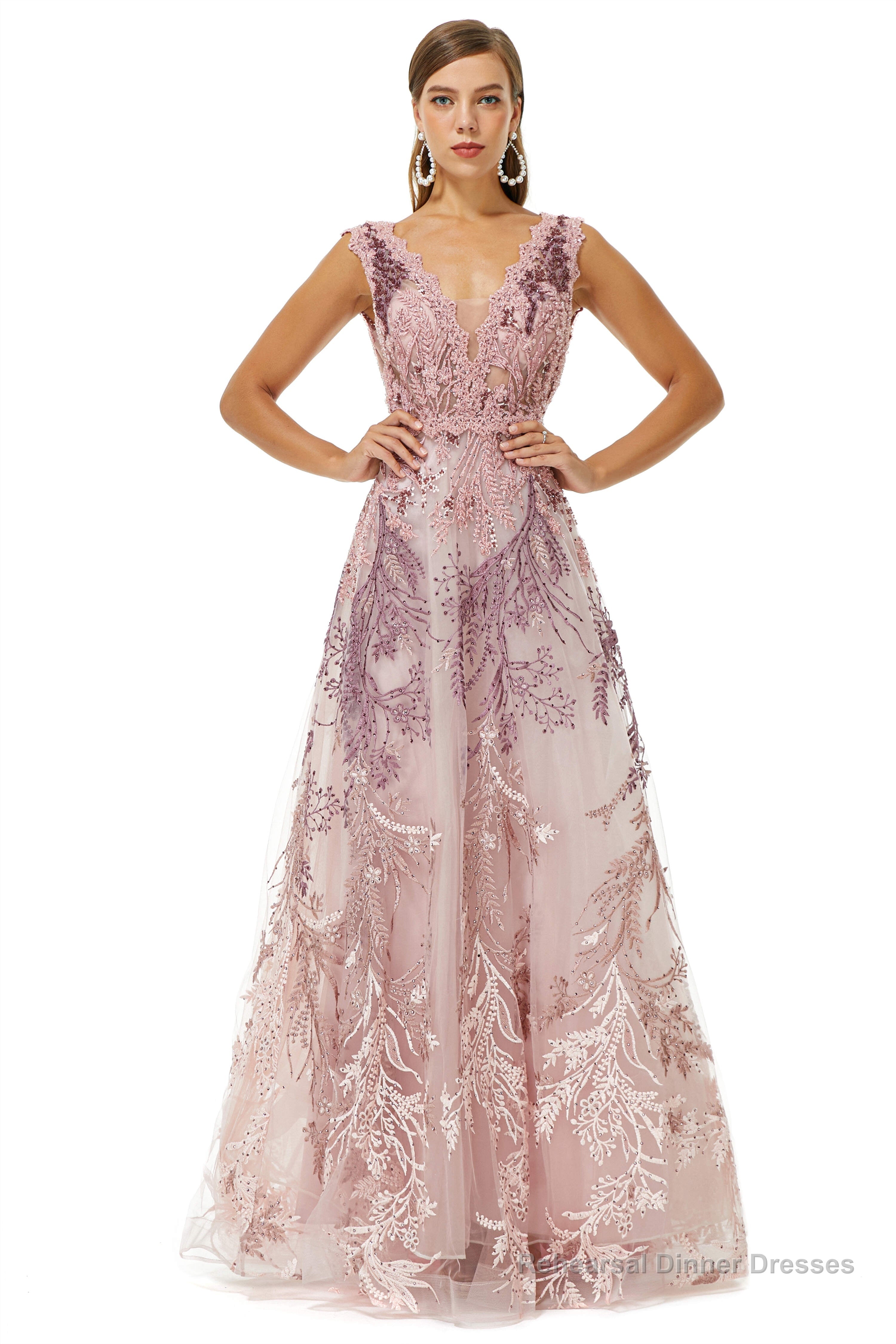 A-line V-neck Lace Beaded Applique Floor-length Sleeveless Prom Dresses Main image