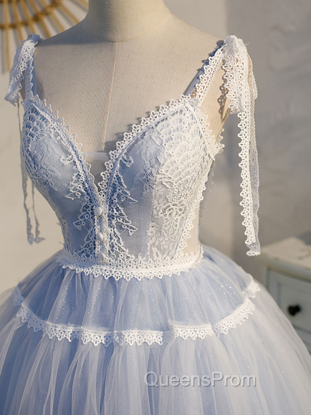 A Line V Neck Lace Blue Short Evening Prom Dress, Blue Puffy Homecoming Dress Secondary image